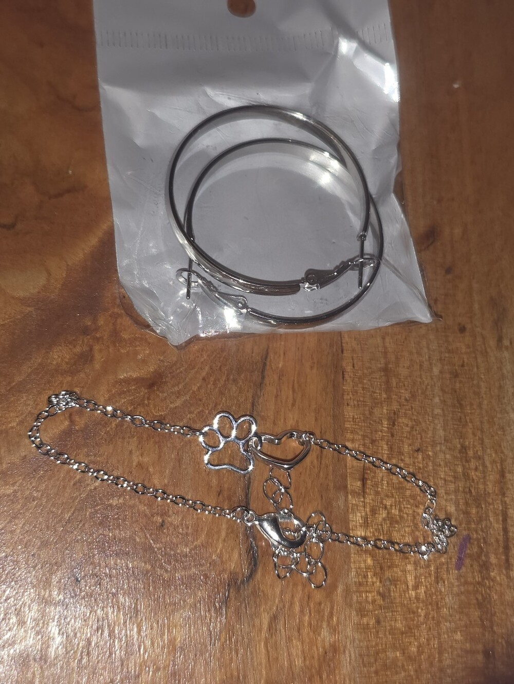 Paw Print & Heart Bracelet & Hoop Earrings Set - Costume Jewelry